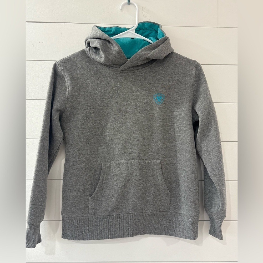 Ariat Girls Hoodie Gray Teal Logo Western Rodeo Kids Medium 10 Pullover